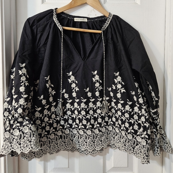 ULLA JOHNSON Sonya Blouse Black Boho Tassel Embroidered Ruffled Poplin Top - Picture 3 of 9